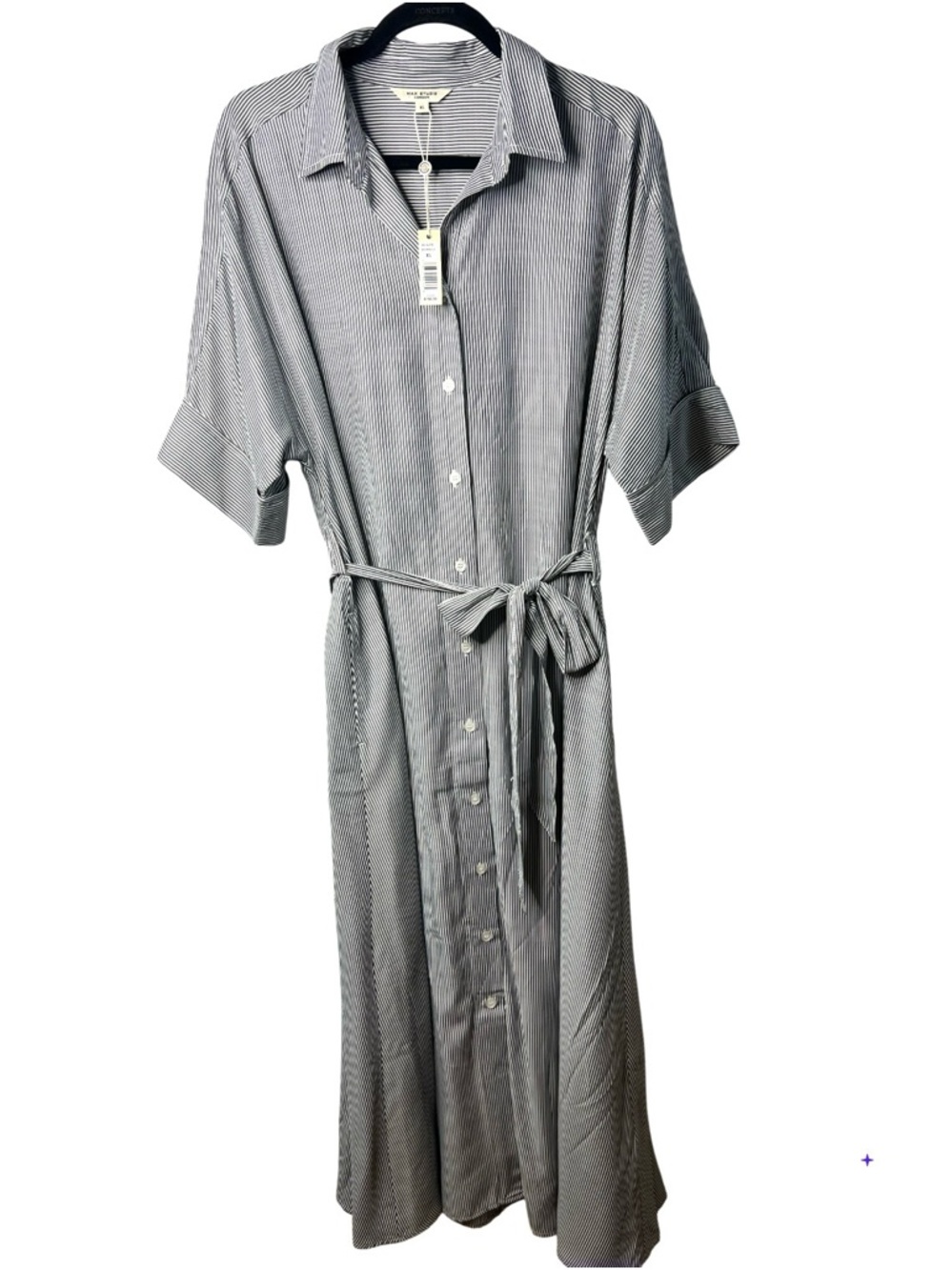 Max Studio Pin Stripe Button Down Shirt Dress Tie Waist Gray White SZ XL NWT - Picture 2 of 9